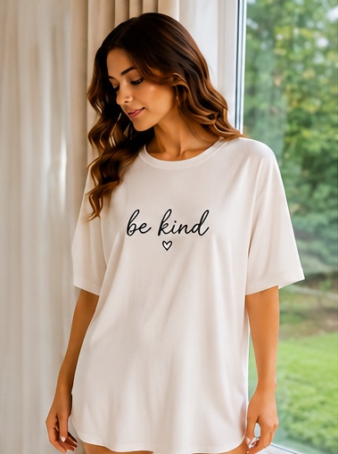 Women’s White “Be Kind” Printed Oversized Sleep T-Shirt Nightwear